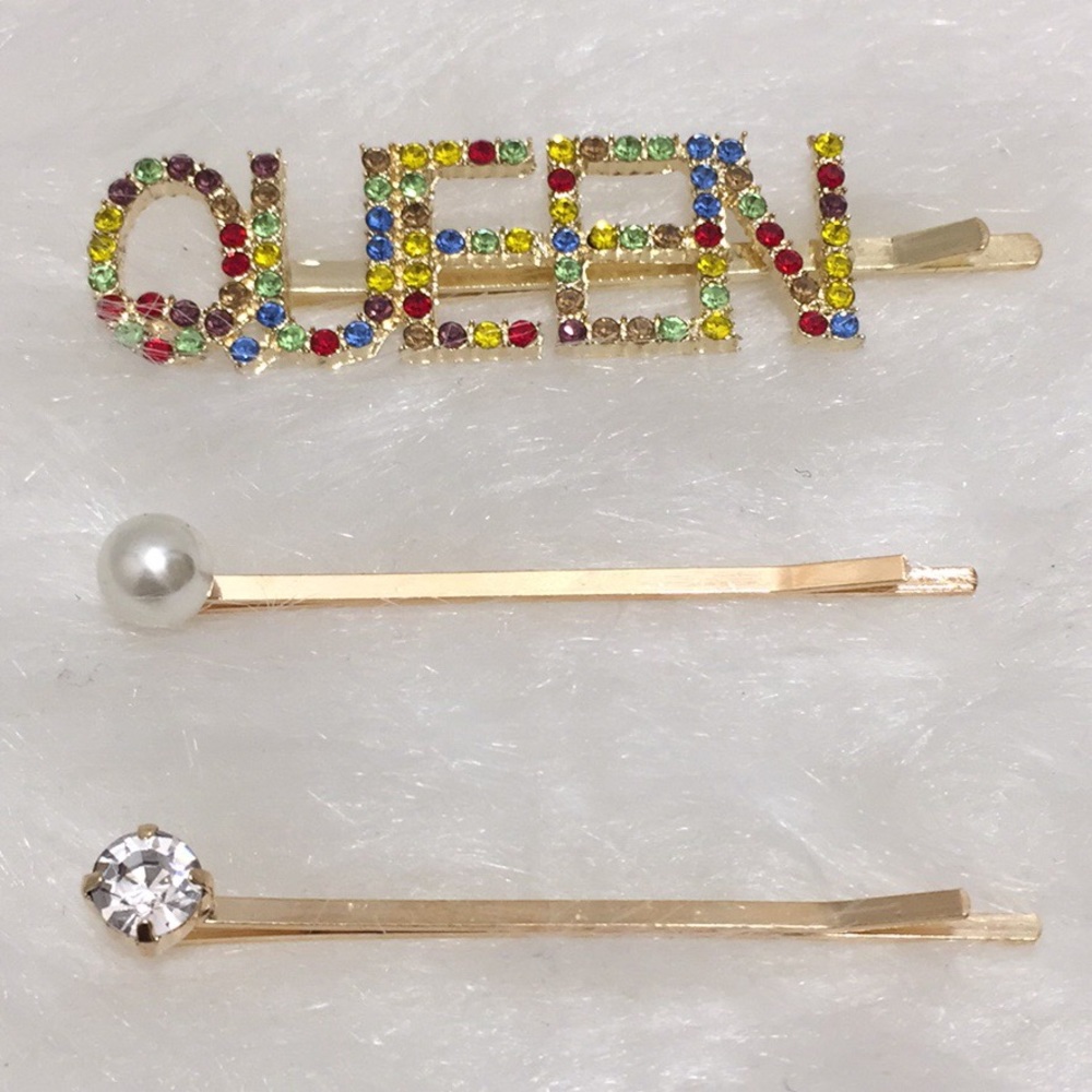 🌹3pc 3/$15 Multi-Color Rhinestones QUEEN Bobby Pins